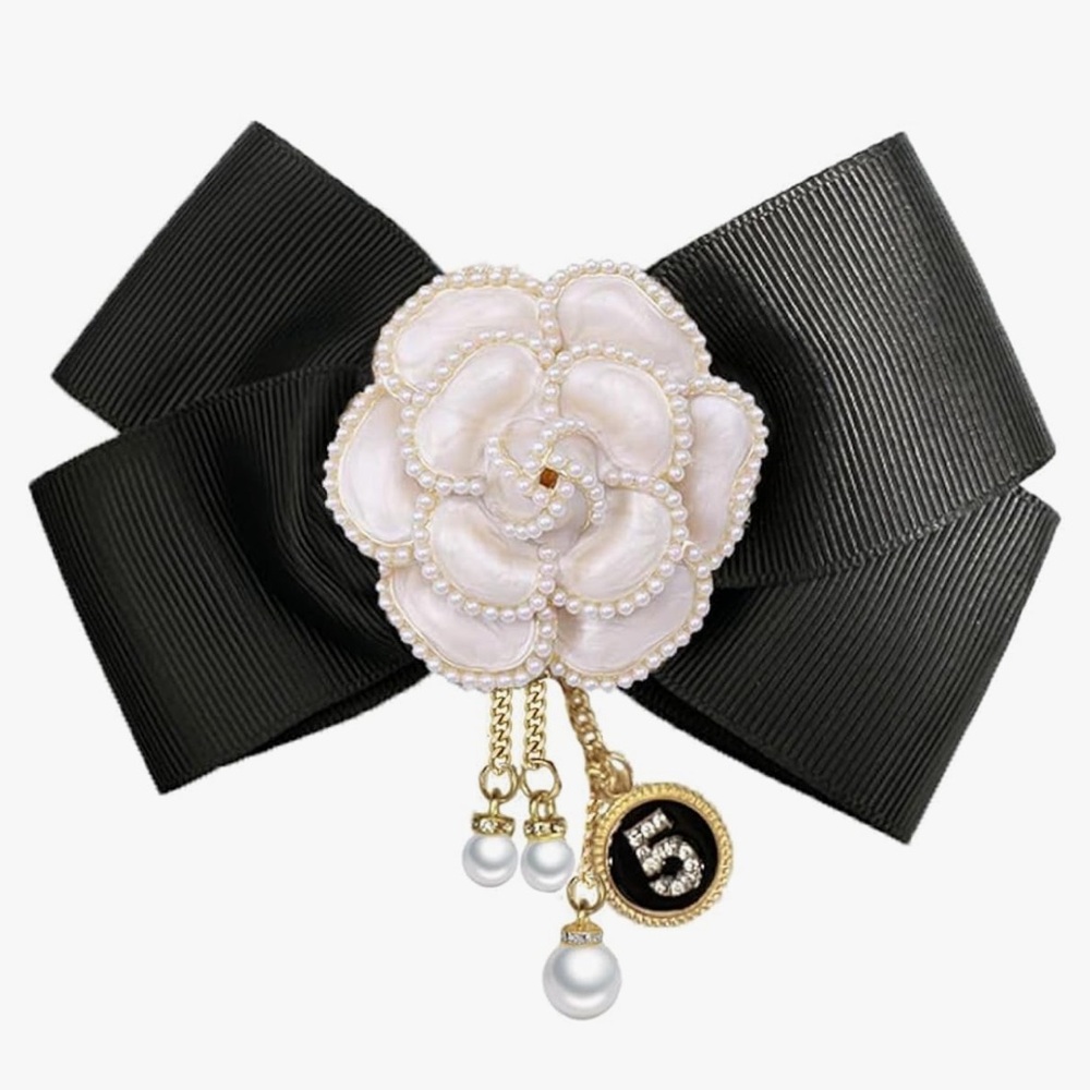 Pearl Camellia Bow Hair Clip - Black and Cream